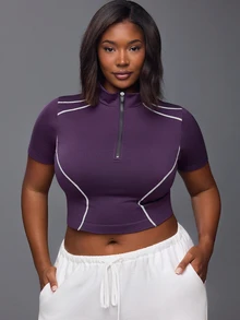 Voyena Women's Plus Size Colorblock Casual Daily Wear Sports T-Shirt - Bold Plum - View 4