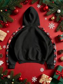 NEOREFINED 聖誕氛圍女款紅黑格紋插肩袖連帽衛衣，帽內雪花滿版印花，MerryChristmas手寫字樣寬鬆套頭運動衫 - 彩色 - 查看 2