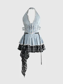 ROMWE Grunge Punk Denim Patchwork Plaid Asymmetrical Hem Halter Neck Frayed Edge Denim Dress - Blue - View 1