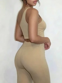 Xyvia Women's Solid Color Fitted One Shoulder Asymmetric Hem Sleeveless Top And Leggings 2 Pieces Set - Apricot - View 2