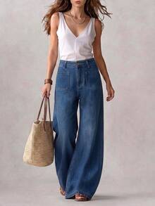 SHEIN بنطلون جينز نسائي بتصميم جيوب وساق واسعة فضفاض كاجوال - أزرق داكن - مشاهدة 1