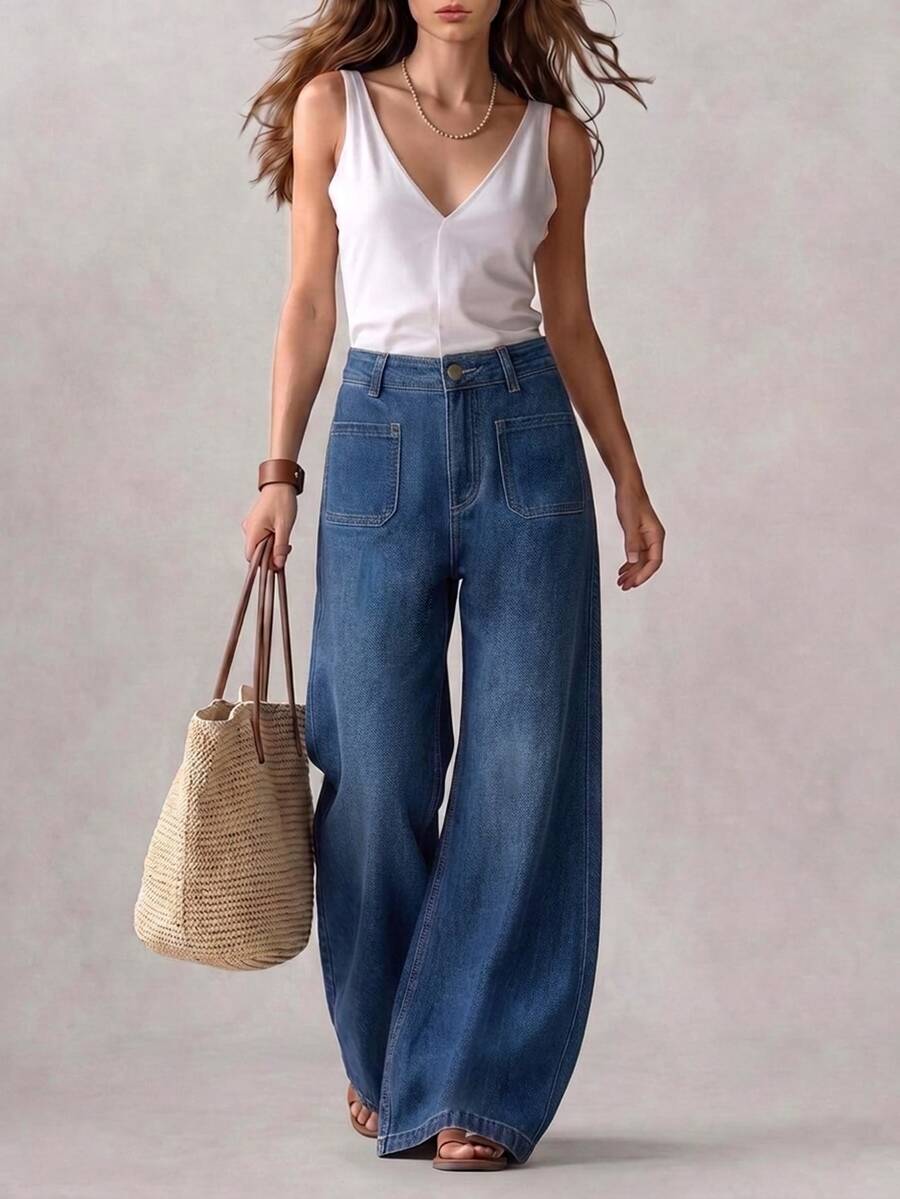 SHEIN بنطلون جينز نسائي بتصميم جيوب وساق واسعة فضفاض كاجوال - أزرق داكن - مشاهدة 1