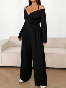 SHEIN Tall CURVE Plus Size Women's Solid Color Cold Shoulder Ruched Wide Leg Casual Jumpsuit, Tall & Extra Long - Black - View 5