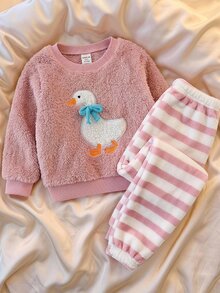 SHEIN 女嬰卡通鴨圖案人造毛厚款圓領長袖套頭運動衫與鬆緊腰收口長褲2件套，舒適百搭時尚日常可愛休閒簡約百搭風 - 彩色 - 查看 1