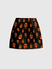 ROMWE Gothic Dark Mysterious Forest Print High Slit Mini Skirt For Women, Dark Academia Style - Black - View 2
