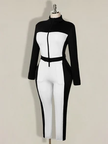 SHEIN ICON Plus Size Retro Y2K Black & White Colorblock Slimming Fitted Thermal Lined Ski Jumpsuit - Black and White - View 14