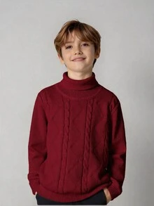 SHEIN Little Byeori 大童男孩紅色高領毛衣，長袖套頭針織秋季毛衣，開學季復古秋季休閒百搭童裝 - 紅色 - 查看 5