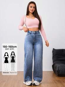 SHEIN PETITE Women's Outdoor Fashion All-Season Versatile Petite Blue Denim Wide Leg Pants - Dark Wash - View 1