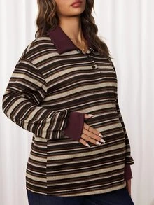 SHEIN Maternity Casual Button Half-Placket Striped Colorblock T-Shirt - Multicolor - View 4