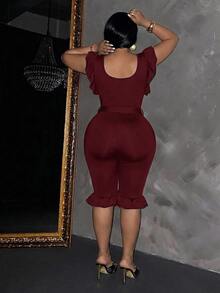 Slaydiva Women's Ruffle Sleeveless Fitted Cropped Jumpsuit With Belt, Black - Burgundy - View 2
