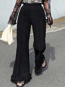 Dazy Plus Plus Size Women's Elastic Waist Fitted Contrast Lace Cuff Flare Pants - Black - View 5