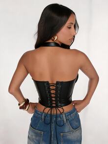 SHEIN BAE Women's Black Lace & Leather Patchwork Bustier - Black - View 2