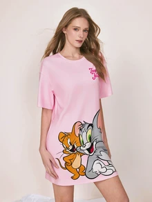 TOM & JERRY X SHEIN Women's Letter Print Round Neck Short Sleeve Casual Sleep Dress - Baby Pink - View 4