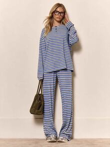 MUSERA Stripe Drop Shoulder Oversized Long Sleeve Button Neck - Blue and White - View 4