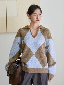 Dazy-Less Women's Diamond Grid Casual Daily Long Sleeve Sweater - Brown - View 3