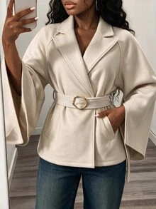 BamGleam Women's Flare Sleeve Overcoat With Metal Hardware Decoration And Belt Office Beige Fall French Elegant - Apricot - View 8