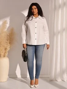 BrightlyHer Plus Size White Button Front Shirt Collar Extra Long Sleeve Blouse Elegant Office Fall Winter 2026 - White - View 6