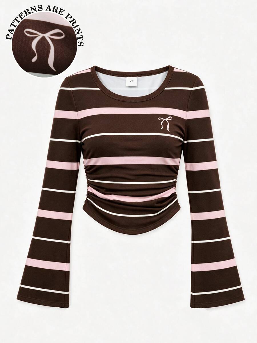 Young Girls 4-7Y Y2K Striped Bow Print Top, Flare Long Sleeve Ruched Slim Tee Shirt Fall Winter New In For Daily Casual Birthday Party Outing - Brown - View 1