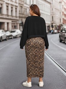 Comfylo Plus Size Women's Leopard Print Dress And Letter Graphic Top Fashion 2 Pieces Set - Multicolor - View 2