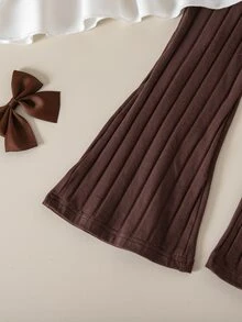 Elladie kids 女童春秋休閒襯衫套裝，返校季，淺粉色針織刷毛羅紋布拼接梭織布，白色長袖翻領 - 棕色 - 查看 4