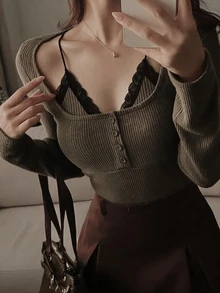DAZY Women's Patchwork Contrast Color Lace 2 In 1 Slim Fit Long Sleeve Casual Sexy Vacation Daily Korean Style Spring Autumn Top T-Shirt - Green - View 1