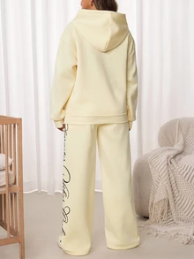 SHEIN Maternity Letter Print Long Sleeve Hooded Sweatshirt And Pants Casual Daily 2 Pieces Set - Yellow - View 4