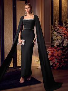 MOTF Soiréza ELEGANT WOMEN SQUARE NECK BEADED DETAIL DRAMA SLEEVE MAXI GOWN FOR FORMAL EVENING PARTY, GALAS - Black - View 4