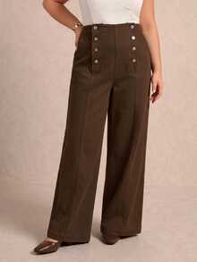 Lounesse Plus Size Women's Button Casual Everyday Denim Jeans - Brown - View 3