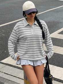 Tseoso 95%棉全印花 Polo 領女款 T-shirt，極簡灰色條紋，低調百搭風格，街頭時尚穿搭，咖啡廳休閒氛圍，高端通勤機場穿搭，大學校園返校穿搭，夜店穿搭，青年休閒風格 - 彩色 - 查看 4