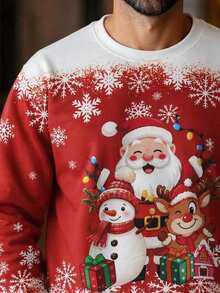 SHEIN [Excl, Baby & Kids]Christmas Red Standard Size Men's Fitted Regular Shoulder Crew Neck Pullover Sweatshirt With Thermal Lining - Red and White - View 4