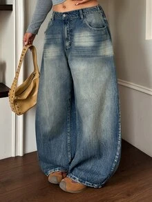 Dazy Plus Street Casual Distressed Vintage Washed Low Waist Blogger Style Long Denim Jeans Spring Autumn New - Blue - View 7