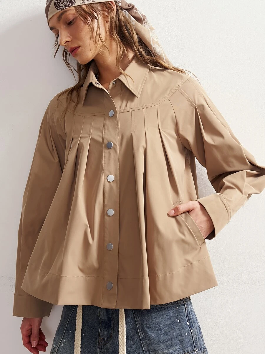 Bohemela Women's Solid Color Long Sleeve Pleated Design Single-Breasted Casual Regular Fit Jacket - Khaki - View 1