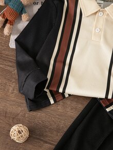 2件組男童幼兒套裝，春秋時尚休閒長袖 Polo 衫與長褲套裝，適合日常穿著、玩耍、外出與返校 - 黑色 - 查看 6