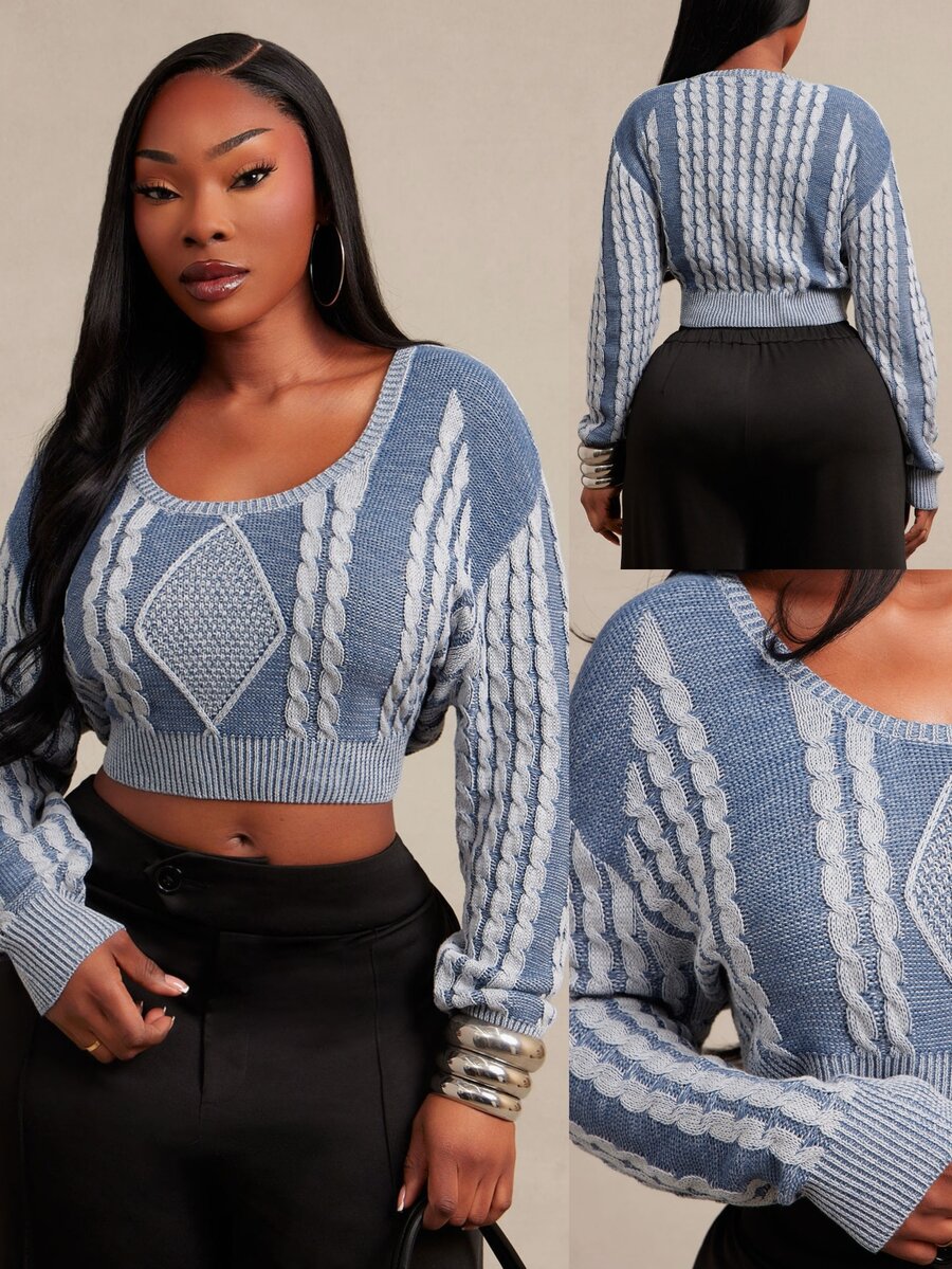 SHEIN SXY Washed Effect V-Neck Long Sleeve Cropped Slim Fit Sweater - Multicolor - View 1