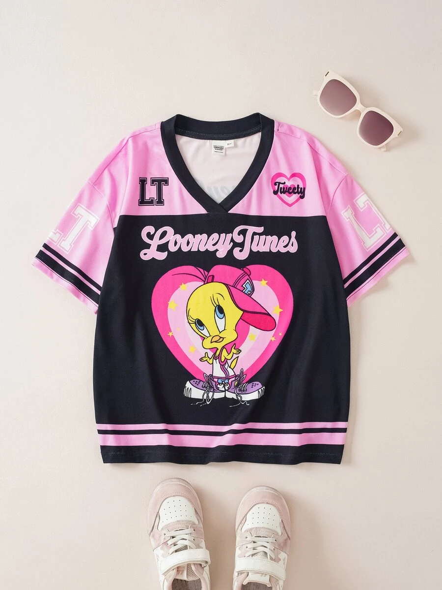LOONEY TUNES X SHEIN تي شيرت كاجوال يومي بأكمام قصيرة مطبوع عليه حروف و رسوم كرتونية للبنات المراهقات - وردي - مشاهدة 1