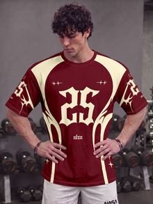 GymBeat Men's Burgundy Cream Color Block Short Sleeve T-Shirt, Gothic Letter Star Print Sports Jersey Style Loose Crew Neck Top - Multicolor - View 4