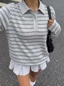 Tseoso 95%棉全印花 Polo 領女款 T-shirt，極簡灰色條紋，低調百搭風格，街頭時尚穿搭，咖啡廳休閒氛圍，高端通勤機場穿搭，大學校園返校穿搭，夜店穿搭，青年休閒風格 - 彩色 - 查看 3