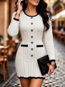 Elenzga Women's Autumn/Winter Vintage Cable Knit Colorblock Elegant Slim Fit Sweater Dress - Beige - View 7