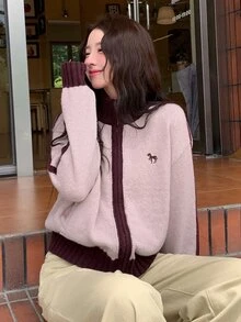DAZY Women's Unicorn Embroidered Contrast Color Dropped Shoulder Long Sleeve Zipper Front Knit Cardigan - Pink - View 1
