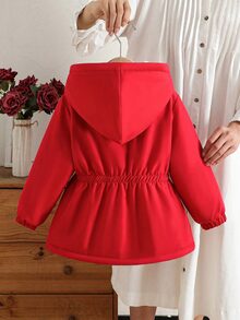 SHEIN 1件女童冬季新款粉色與白色格紋櫻桃毛絨拉鍊連帽開襟外套，彈性腰部，抓絨內裡加厚，簡約時尚防寒外套，適合戶外通勤 - 紅色 - 查看 2
