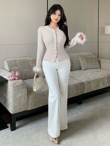 Feyla Women's Solid Color Single-Breasted Patchwork Fur Long Sleeve Fitted T-Shirt - Grey - View 4