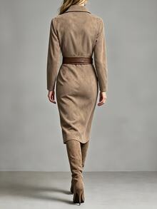 SHEIN Gaun Wanita Panjang Sedang Warna Polos Bahan Suede dengan Saku Tempel, Kasual, Serbaguna untuk Perjalanan Musim Gugur/Dingin - Khaki - View 2