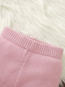 SHEIN 女嬰針織毛衣套裝，嬰兒套頭式荷葉領蝴蝶結針織長袖毛衣，舒適秋/冬款 + 針織連腳長褲，2件套，粉色與白色拼接，百搭日常穿著，溫柔優雅時尚 - 粉色 - 查看 5