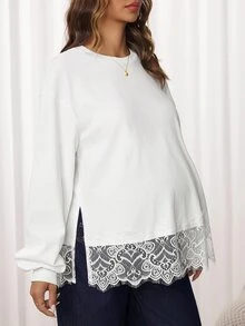 Slowluna Maternity Solid Color Round Neck Dropped Shoulder Long Sleeve Lace Hem Casual T-Shirt - White - View 2