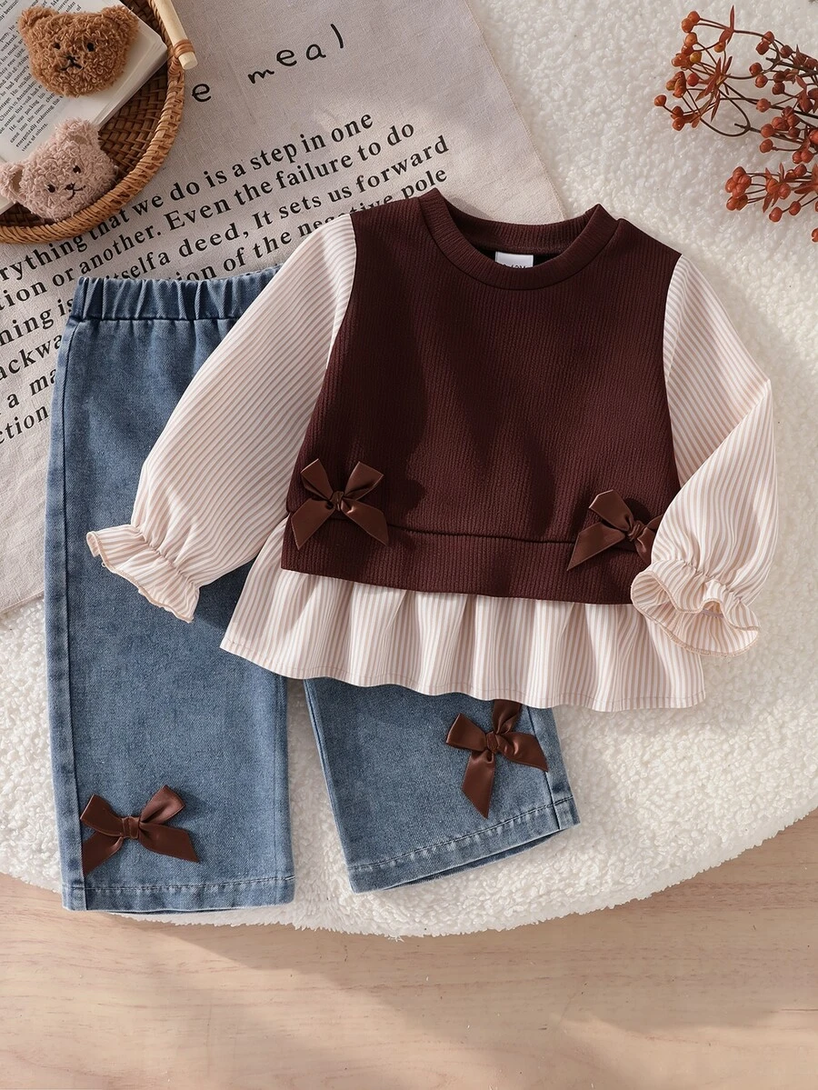 SHEIN 2pcs Baby Girl Shirt + Denim Pants Cute Sweet Brown Blue Bow Ruffle Striped Patchwork Long Sleeve Round Neck Regular Birthday Party Fall Princess Set - Multicolor - View 1