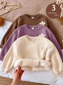SHEIN 女童 3件組 針織純色圓領寬鬆休閒衛衣套裝 秋冬款 - 彩色 - 查看 9