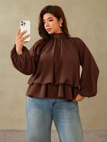 Auralis Coffee Brown Raglan Long Sleeve Plus Size Loose Waist Elastic Ruffle Hem Pullover Blouse Casual Top Elegant Office Formal Business Work Women Autumn - Brown - View 5