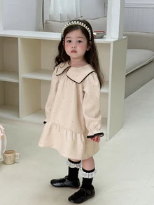 DAZY Infant/Toddler (Girl) Solid Color Long Sleeve Dress With Collar - White - View 3