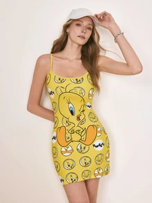LOONEY TUNES X SHEIN Women's Cartoon Pattern Casual Daily Summer Short Dress - Yellow - View 1