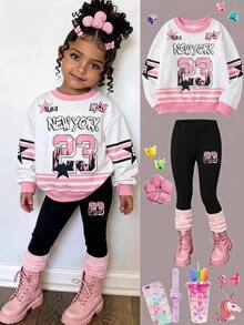 SHEIN 女嬰針織數字與字母圖案寬鬆休閒衛衣褲子兩件套 - 藍色 - 查看 6